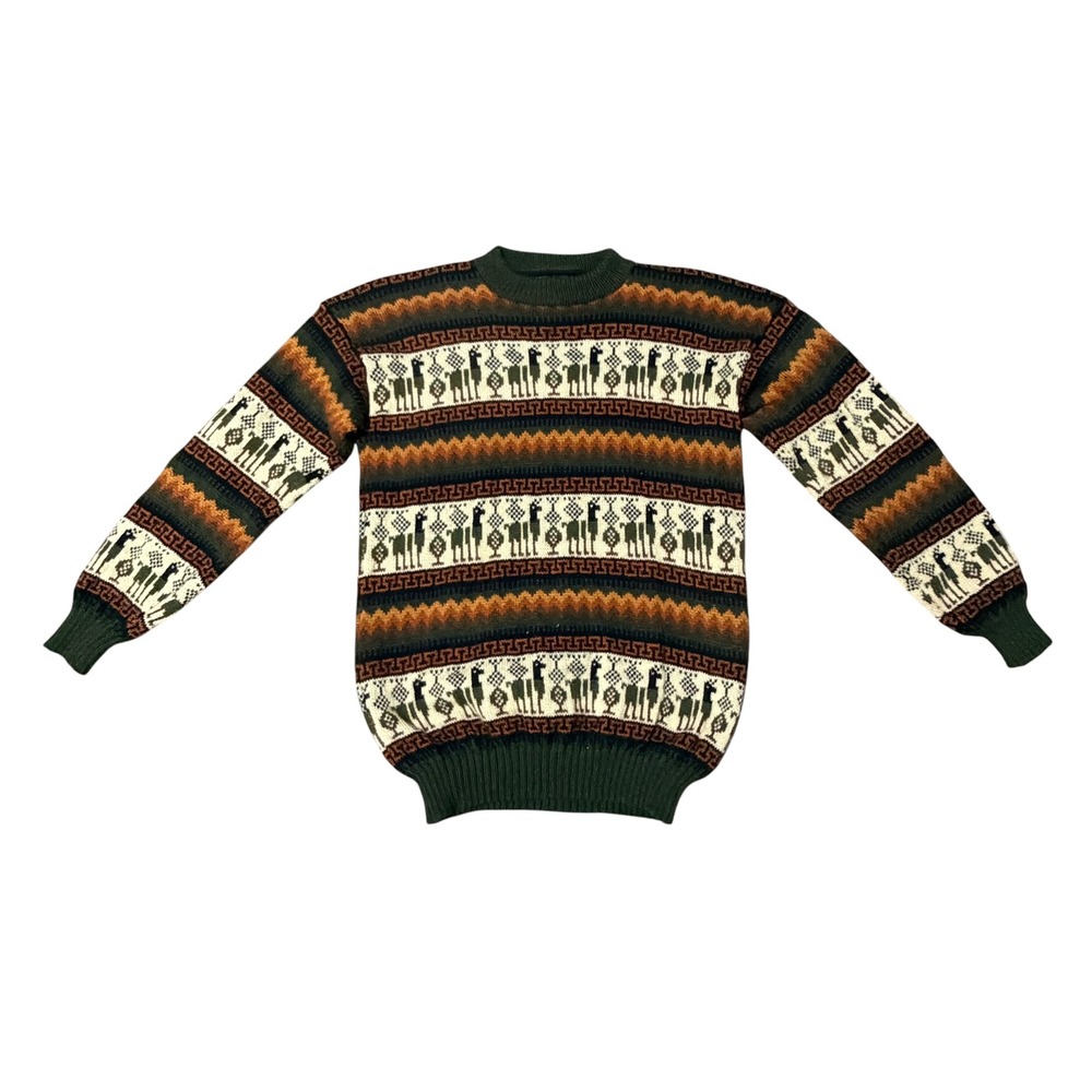 Vintage Llama Fair Isle Knit Sweater Green‎ Orange Boho Southwestern Pullover